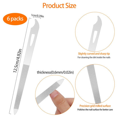 Professional 6-Piece Stainless Steel Nail File Set with Cleaner Tip - Double Sided, Diamond Buffer for Natural Nails