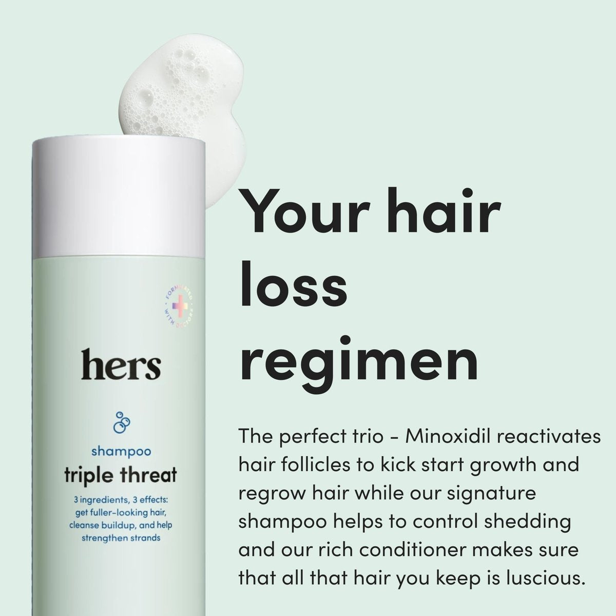 Hers Triple Threat Shampoo, Conditioner, and 2% Minoxidil Set - Biotin, Saw Palmetto, & Pumpkin Seed Oil - Supports Hair Regrowth for Women - Color-Safe & Paraben-Free - Napa Rose Scent - 3 Count Avelisse