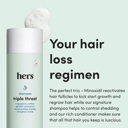 Hers Triple Threat Shampoo, Conditioner, and 2% Minoxidil Set - Biotin, Saw Palmetto, & Pumpkin Seed Oil - Supports Hair Regrowth for Women - Color-Safe & Paraben-Free - Napa Rose Scent - 3 Count Avelisse