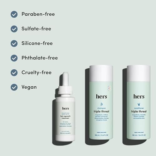 Hers Triple Threat Shampoo, Conditioner, and 2% Minoxidil Set - Biotin, Saw Palmetto, & Pumpkin Seed Oil - Supports Hair Regrowth for Women - Color-Safe & Paraben-Free - Napa Rose Scent - 3 Count Avelisse