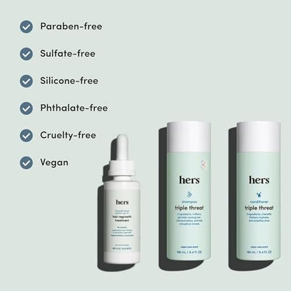Hers Triple Threat Shampoo, Conditioner, and 2% Minoxidil Set - Biotin, Saw Palmetto, & Pumpkin Seed Oil - Supports Hair Regrowth for Women - Color-Safe & Paraben-Free - Napa Rose Scent - 3 Count Avelisse