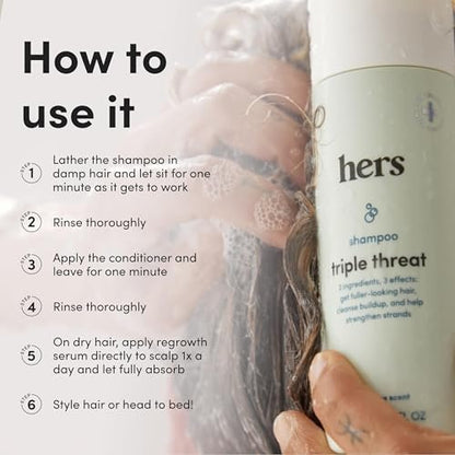 Hers Triple Threat Shampoo, Conditioner, and 2% Minoxidil Set - Biotin, Saw Palmetto, & Pumpkin Seed Oil - Supports Hair Regrowth for Women - Color-Safe & Paraben-Free - Napa Rose Scent - 3 Count Avelisse