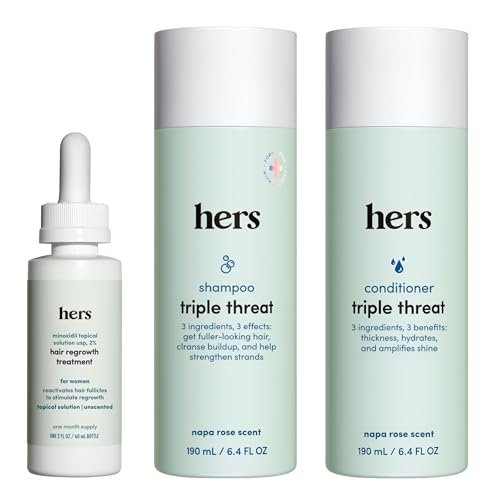 Hers Triple Threat Shampoo, Conditioner, and 2% Minoxidil Set - Biotin, Saw Palmetto, & Pumpkin Seed Oil - Supports Hair Regrowth for Women - Color-Safe & Paraben-Free - Napa Rose Scent - 3 Count Avelisse