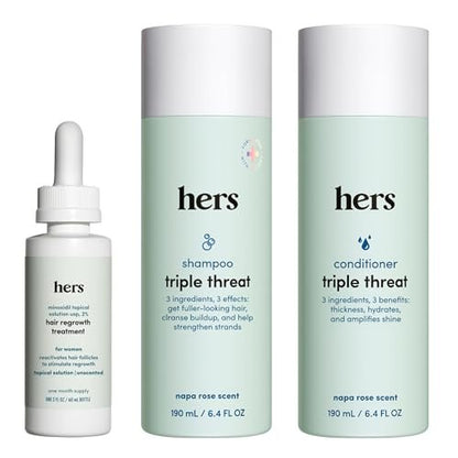Hers Triple Threat Shampoo, Conditioner, and 2% Minoxidil Set - Biotin, Saw Palmetto, & Pumpkin Seed Oil - Supports Hair Regrowth for Women - Color-Safe & Paraben-Free - Napa Rose Scent - 3 Count Avelisse