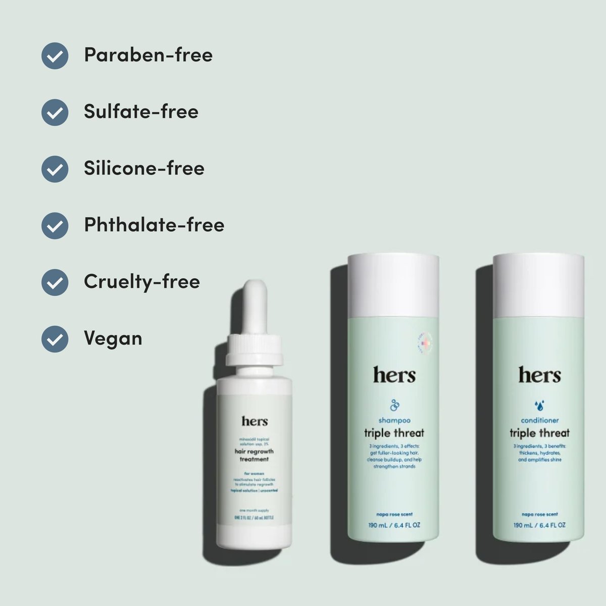 Hers Triple Threat Shampoo, Conditioner, and 2% Minoxidil Set - Biotin, Saw Palmetto, & Pumpkin Seed Oil - Supports Hair Regrowth for Women - Color-Safe & Paraben-Free - Napa Rose Scent - 3 Count Avelisse