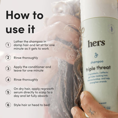 Hers Triple Threat Shampoo, Conditioner, and 2% Minoxidil Set - Biotin, Saw Palmetto, & Pumpkin Seed Oil - Supports Hair Regrowth for Women - Color-Safe & Paraben-Free - Napa Rose Scent - 3 Count Avelisse