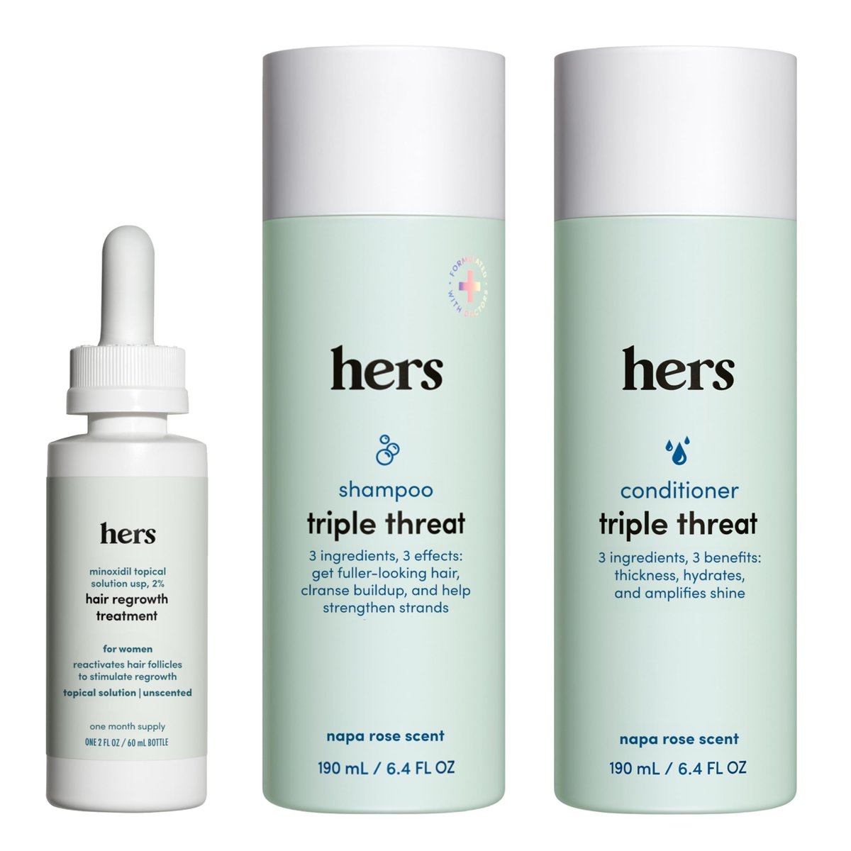 Hers Triple Threat Shampoo, Conditioner, and 2% Minoxidil Set - Biotin, Saw Palmetto, & Pumpkin Seed Oil - Supports Hair Regrowth for Women - Color-Safe & Paraben-Free - Napa Rose Scent - 3 Count Avelisse