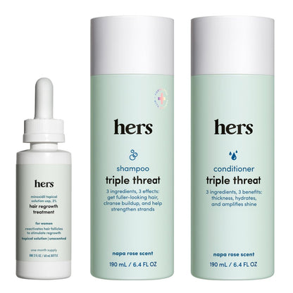 Hers Triple Threat Shampoo, Conditioner, and 2% Minoxidil Set - Biotin, Saw Palmetto, & Pumpkin Seed Oil - Supports Hair Regrowth for Women - Color-Safe & Paraben-Free - Napa Rose Scent - 3 Count Avelisse