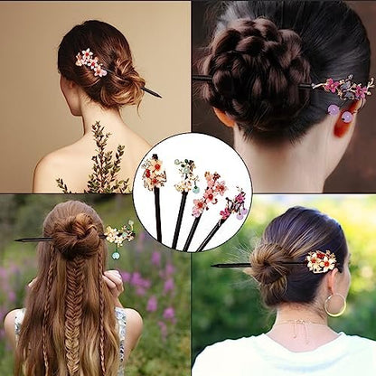 4 PCS Wooden Hair Sticks - Chinese Traditional Flower Hair Chopsticks for Long Hair, Classic Vintage Hair Pins for Women & Girls