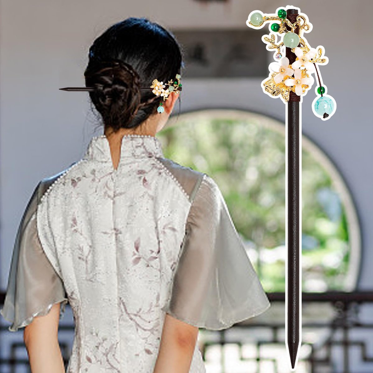 4 PCS Wooden Hair Sticks - Chinese Traditional Flower Hair Chopsticks for Long Hair, Classic Vintage Hair Pins for Women & Girls - görsel 7