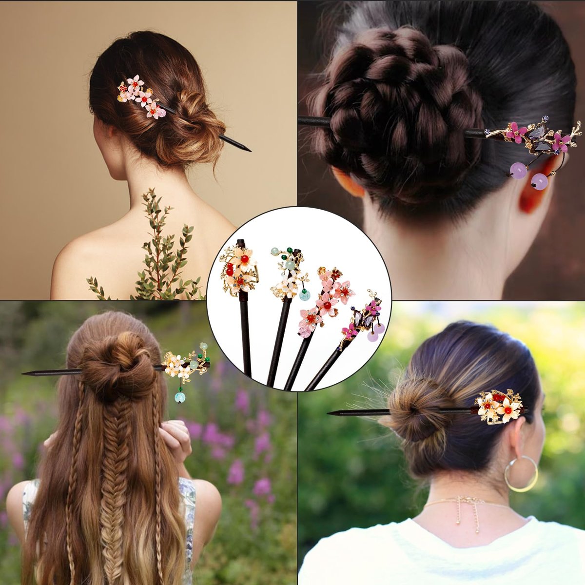 4 PCS Wooden Hair Sticks - Chinese Traditional Flower Hair Chopsticks for Long Hair, Classic Vintage Hair Pins for Women & Girls - görsel 9