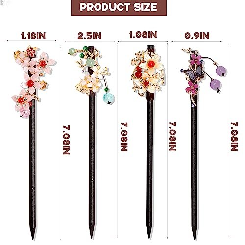 4 PCS Wooden Hair Sticks - Chinese Traditional Flower Hair Chopsticks for Long Hair, Classic Vintage Hair Pins for Women & Girls - görsel 4