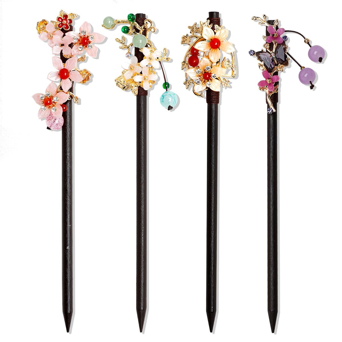 4 PCS Wooden Hair Sticks - Chinese Traditional Flower Hair Chopsticks for Long Hair, Classic Vintage Hair Pins for Women & Girls - görsel 1