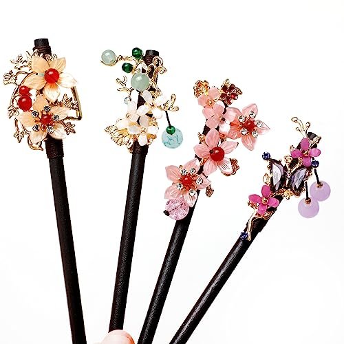 4 PCS Wooden Hair Sticks - Chinese Traditional Flower Hair Chopsticks for Long Hair, Classic Vintage Hair Pins for Women & Girls - görsel 6