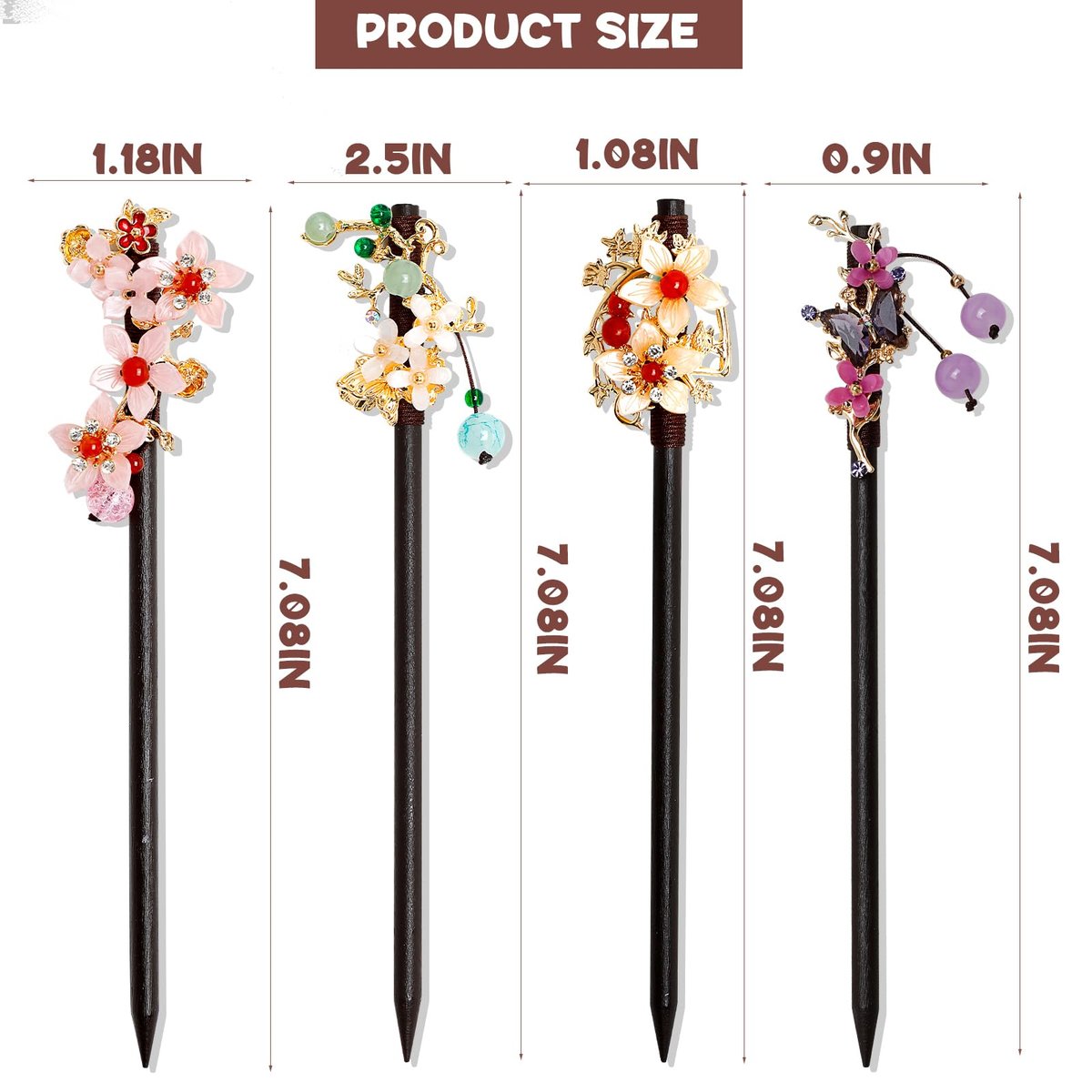 4 PCS Wooden Hair Sticks - Chinese Traditional Flower Hair Chopsticks for Long Hair, Classic Vintage Hair Pins for Women & Girls - görsel 3