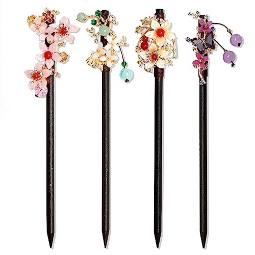 4 PCS Wooden Hair Sticks - Chinese Traditional Flower Hair Chopsticks for Long Hair, Classic Vintage Hair Pins for Women & Girls - görsel 2