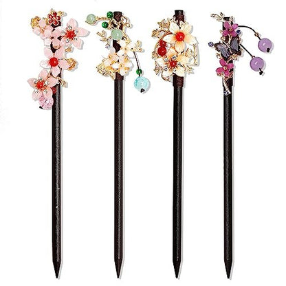 4 PCS Wooden Hair Sticks - Chinese Traditional Flower Hair Chopsticks for Long Hair, Classic Vintage Hair Pins for Women & Girls