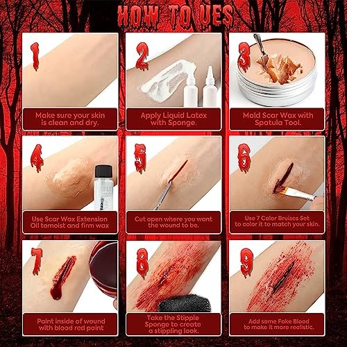 VIOLA HOUSE SFX Makeup Kit - 6 Colors Bruise Wound Face Body Paint with Scar Wax, Liquid Latex, Fake Blood, and Tools - görsel 12