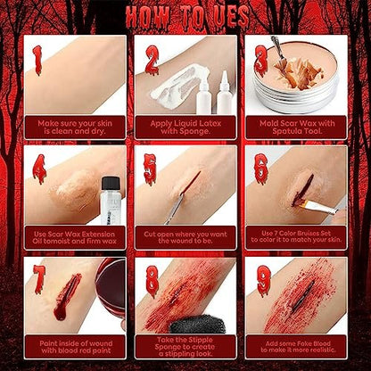 VIOLA HOUSE SFX Makeup Kit - 6 Colors Bruise Wound Face Body Paint with Scar Wax, Liquid Latex, Fake Blood, and Tools