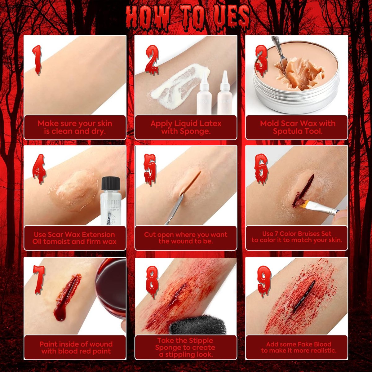VIOLA HOUSE SFX Makeup Kit - 6 Colors Bruise Wound Face Body Paint with Scar Wax, Liquid Latex, Fake Blood, and Tools - görsel 11