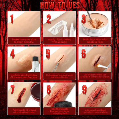 VIOLA HOUSE SFX Makeup Kit - 6 Colors Bruise Wound Face Body Paint with Scar Wax, Liquid Latex, Fake Blood, and Tools