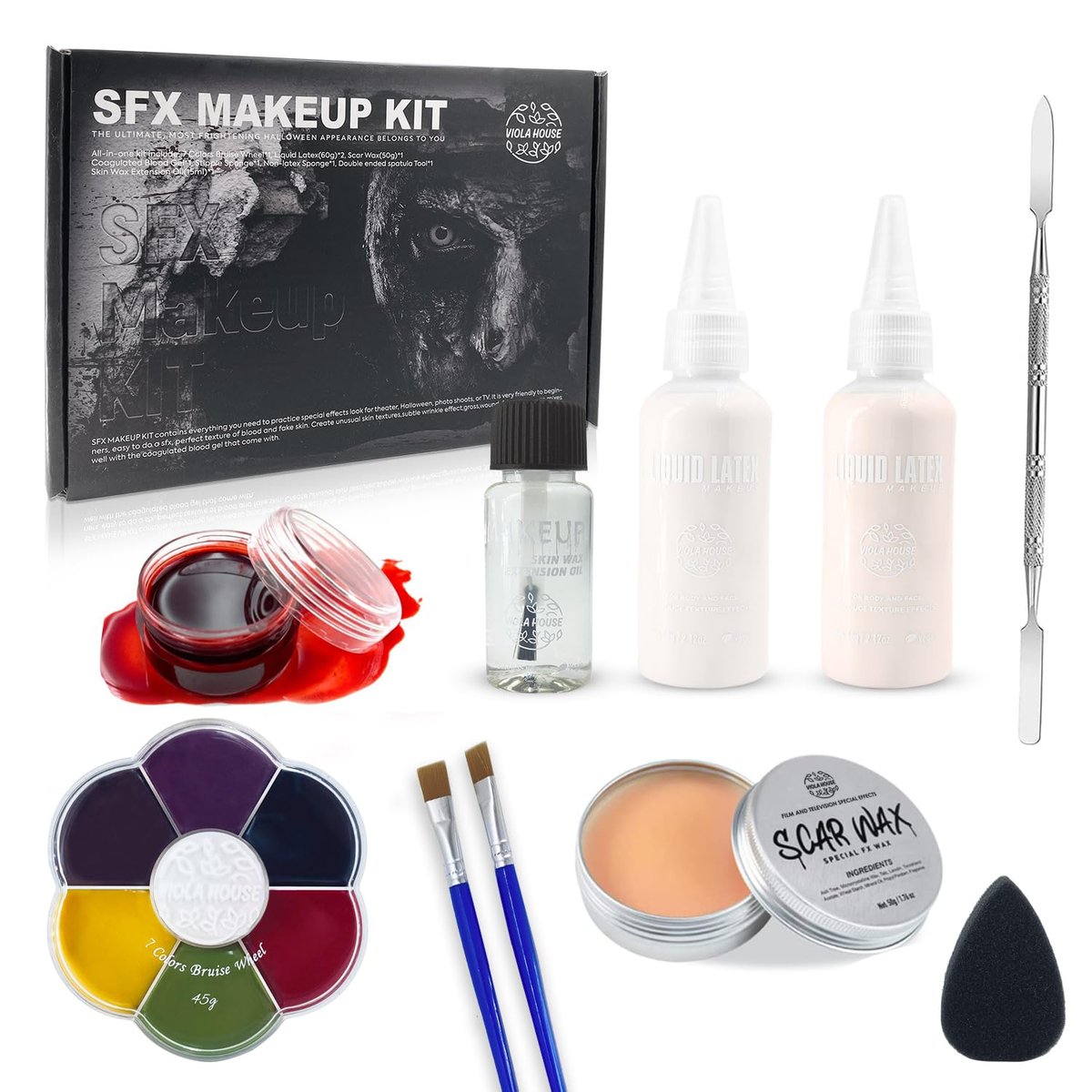 VIOLA HOUSE SFX Makeup Kit - 6 Colors Bruise Wound Face Body Paint with Scar Wax, Liquid Latex, Fake Blood, and Tools - görsel 1