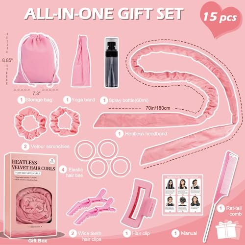No Heat Hair Curlers for Medium Long Hair - 70'' Velour Overnight Headband for Heatless Curls - Pink - görsel 12