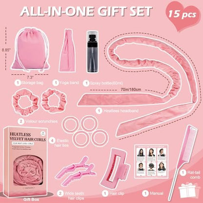No Heat Hair Curlers for Medium Long Hair - 70'' Velour Overnight Headband for Heatless Curls - Pink