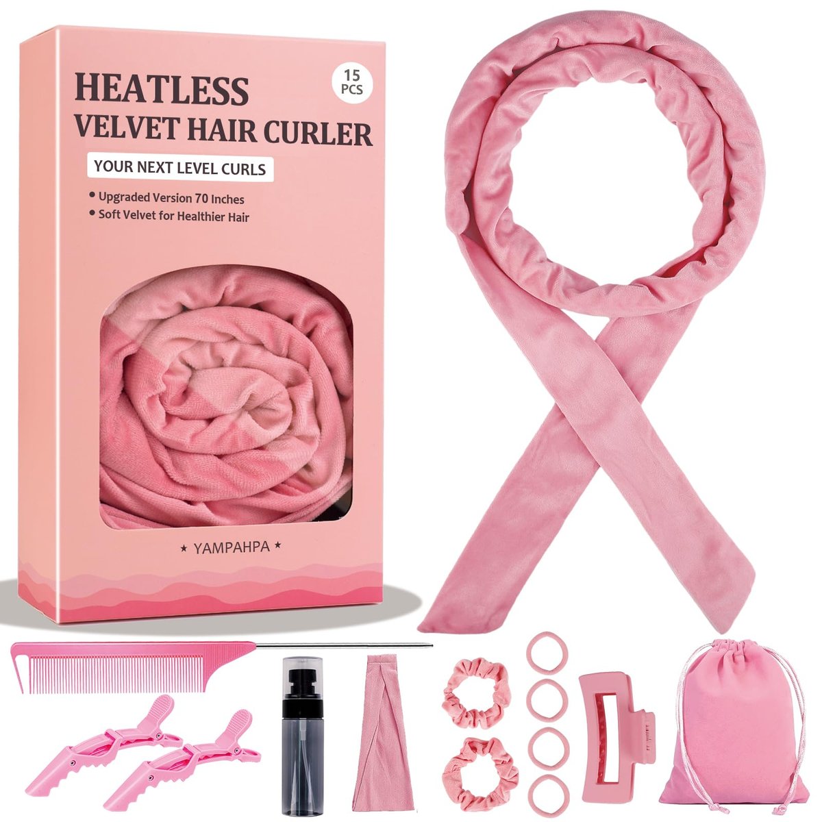 No Heat Hair Curlers for Medium Long Hair - 70'' Velour Overnight Headband for Heatless Curls - Pink - görsel 1