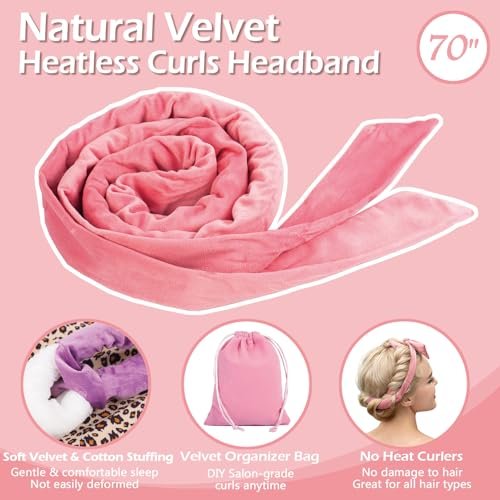 No Heat Hair Curlers for Medium Long Hair - 70'' Velour Overnight Headband for Heatless Curls - Pink - görsel 6
