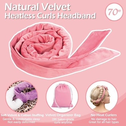 No Heat Hair Curlers for Medium Long Hair - 70'' Velour Overnight Headband for Heatless Curls - Pink