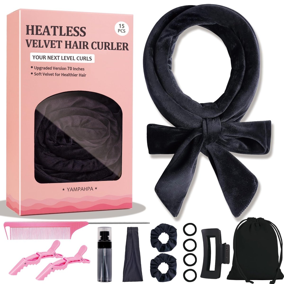 Heatless Curls Overnight Headband - 70'' No Heat Hair Curlers for Medium Long Hair (Black) - görsel 1