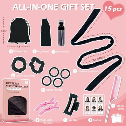 Heatless Curls Overnight Headband - 70'' No Heat Hair Curlers for Medium Long Hair (Black)