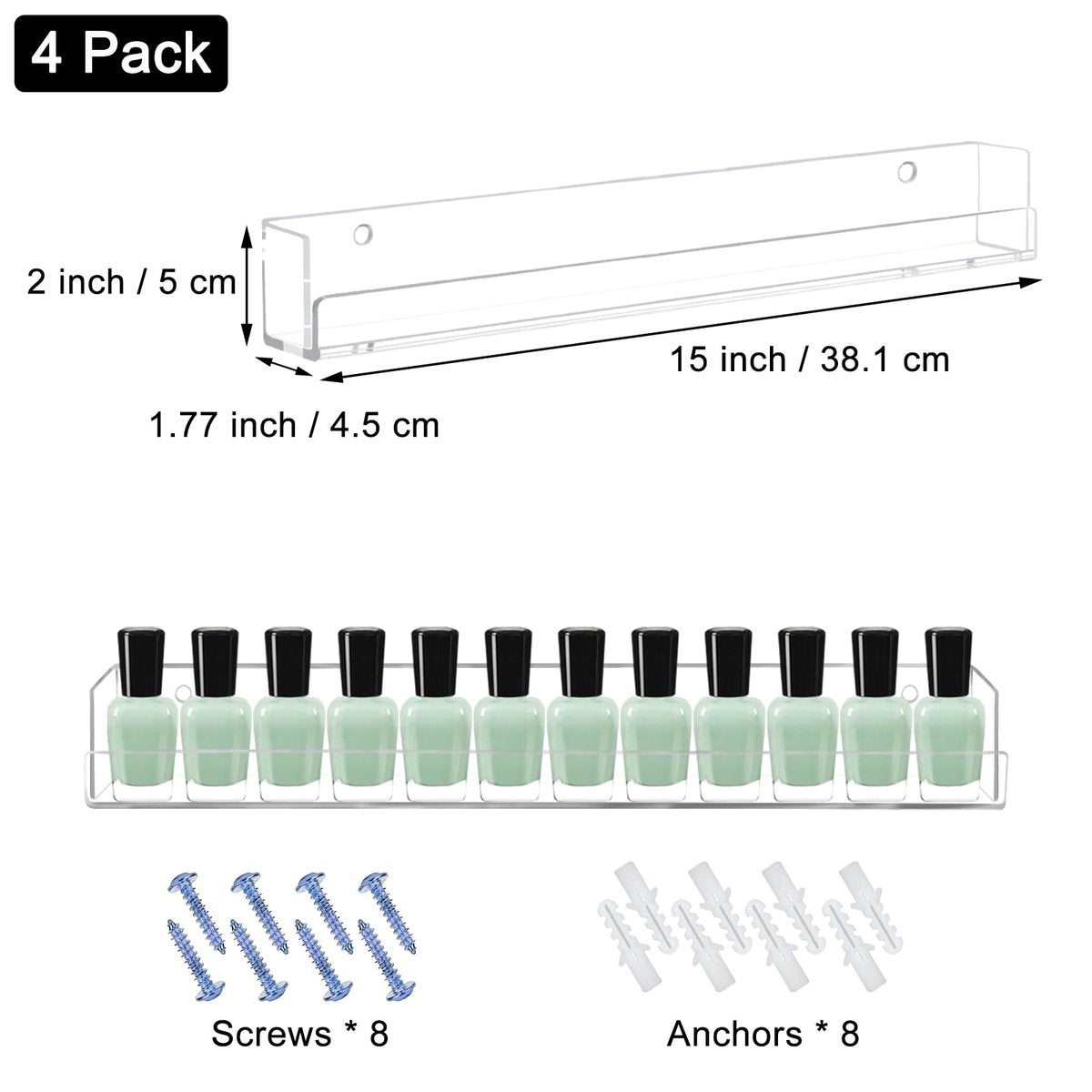 Cerpourt 4 Pack Clear Acrylic Nail Polish Rack Wall Mounted Shelf - Nail Polish Organizer Display for Nail Techs, Home & Salon Use Avelisse