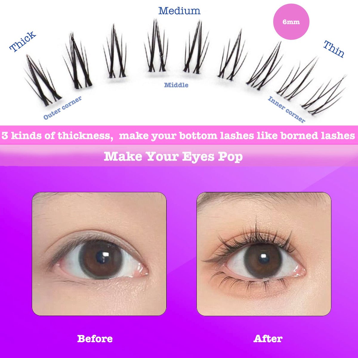 DAODER Bottom Lash Clusters DIY Eyelash Extensions - 90 Pcs Wispy Natural Look Clear Band Lashes for Bottom Eyelashes (6mm, Black) - görsel 5