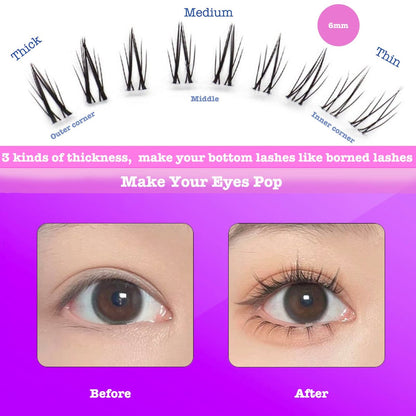 DAODER Bottom Lash Clusters DIY Eyelash Extensions - 90 Pcs Wispy Natural Look Clear Band Lashes for Bottom Eyelashes (6mm, Black)