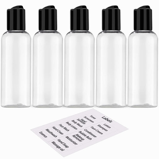 DNSEN 5 Pack 3.4 oz TSA Approved Leakproof Travel Bottles - Clear Plastic Empty Travel Size Containers with Labels
