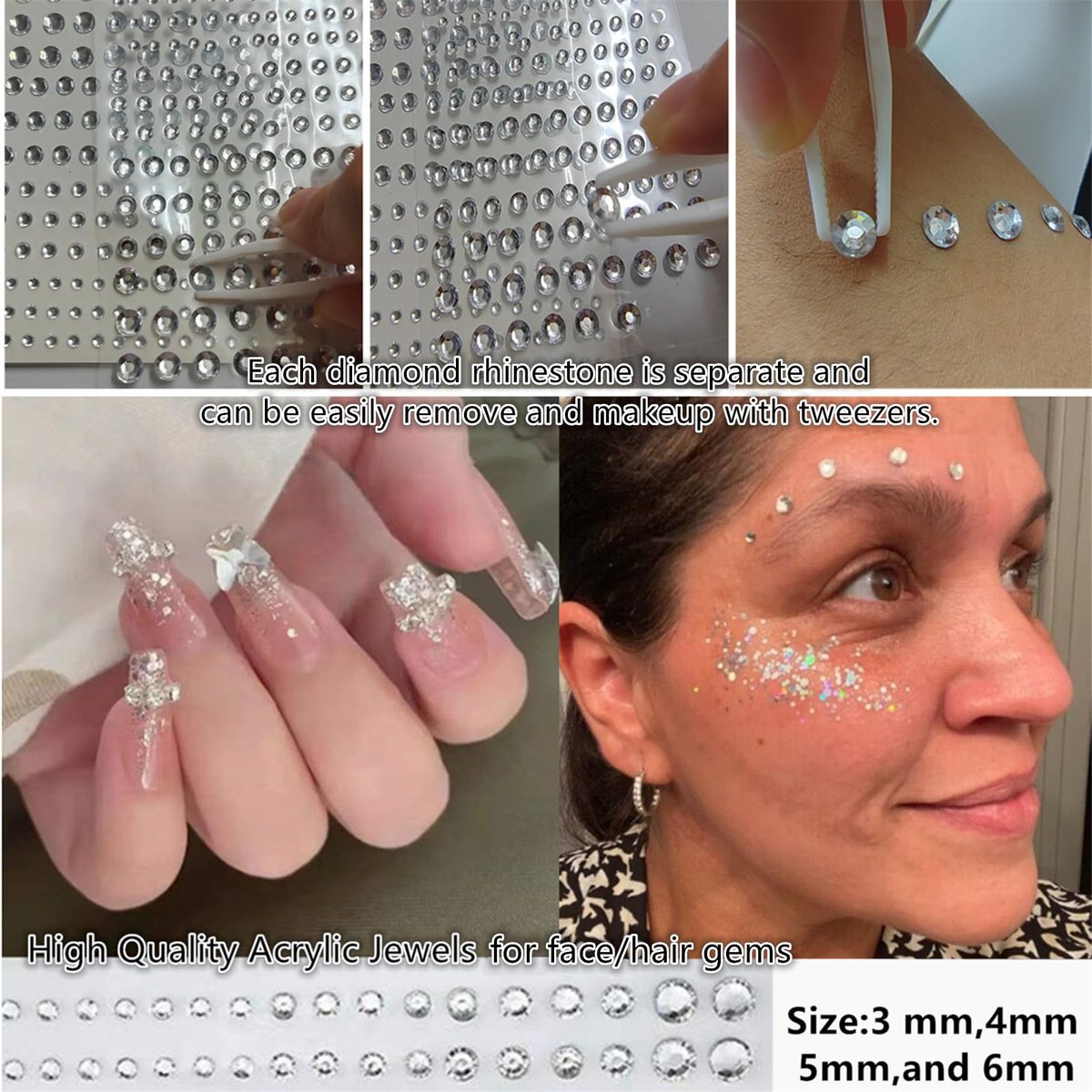 Go Ho 3 Sheets of Self-Adhesive Face/Hair Gems Rhinestones - Pearl White Crystals with Tweezers for Concerts, Festivals, and Rave Accessories - görsel 8