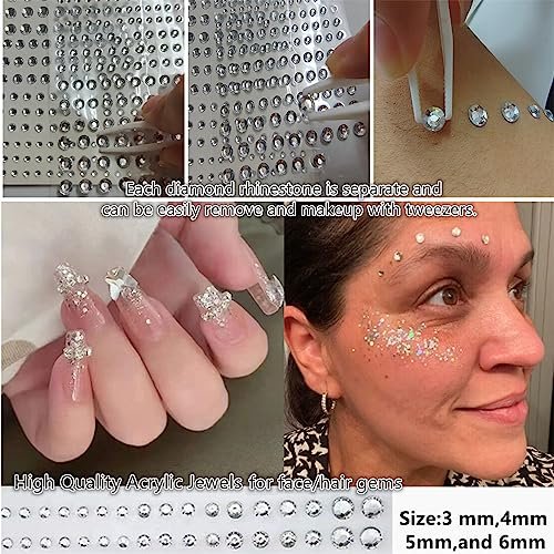 Go Ho 3 Sheets of Self-Adhesive Face/Hair Gems Rhinestones - Pearl White Crystals with Tweezers for Concerts, Festivals, and Rave Accessories - görsel 7
