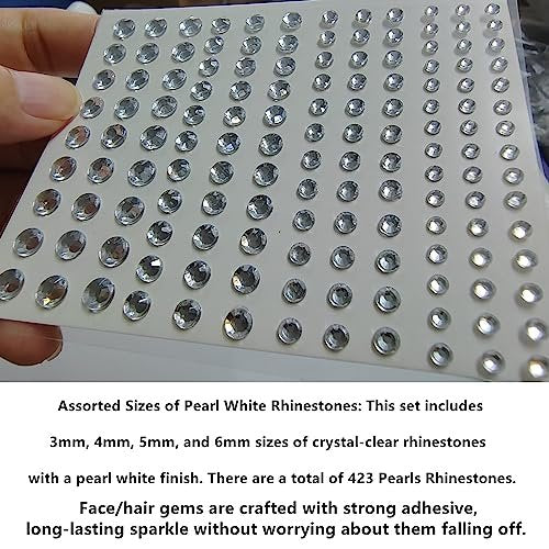 Go Ho 3 Sheets of Self-Adhesive Face/Hair Gems Rhinestones - Pearl White Crystals with Tweezers for Concerts, Festivals, and Rave Accessories - görsel 9