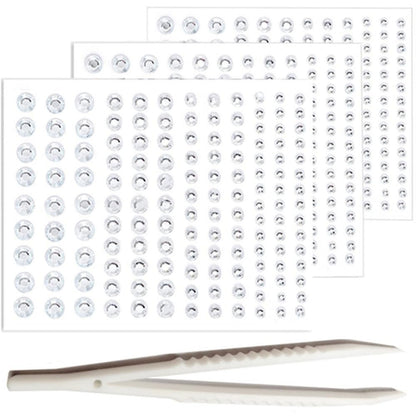 Go Ho 3 Sheets of Self-Adhesive Face/Hair Gems Rhinestones - Pearl White Crystals with Tweezers for Concerts, Festivals, and Rave Accessories