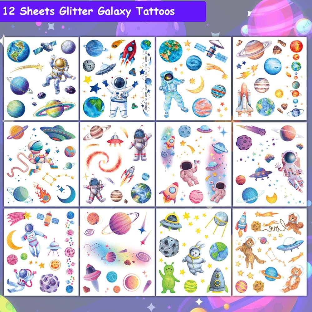 Hohamn 120 Pcs Glitter Galaxy Temporary Tattoos for Boys Kids - Outer Space Themed Party Favors - görsel 3