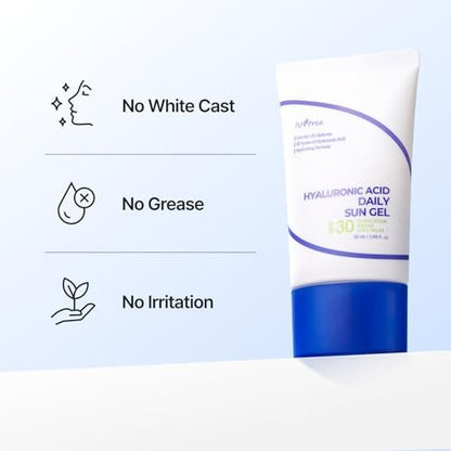 ISNTREE Hyaluronic Acid Daily Sun Gel SPF 30 - Lightweight Korean Sunscreen, Moisturizing, No White Cast, 1.69 fl oz Avelisse