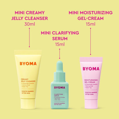BYOMA So Clear Set - Barrier Repair Skincare Kit for Acne Prone Skin with Creamy Jelly Cleanser, Clarifying Serum & Gel-Cream Moisturizer (30ml, 15ml, 15ml)