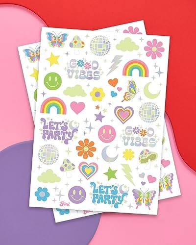 xo, Fetti Groovy Disco Glow in Dark + Foil Temporary Tattoos - 82 pc | Flower Power Birthday Party Supplies, Rave Bachelorette Party Favors, Smiley Decorations, Y2K, Rainbow Arts and Crafts - görsel 3