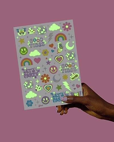 xo, Fetti Groovy Disco Glow in Dark + Foil Temporary Tattoos - 82 pc | Flower Power Birthday Party Supplies, Rave Bachelorette Party Favors, Smiley Decorations, Y2K, Rainbow Arts and Crafts