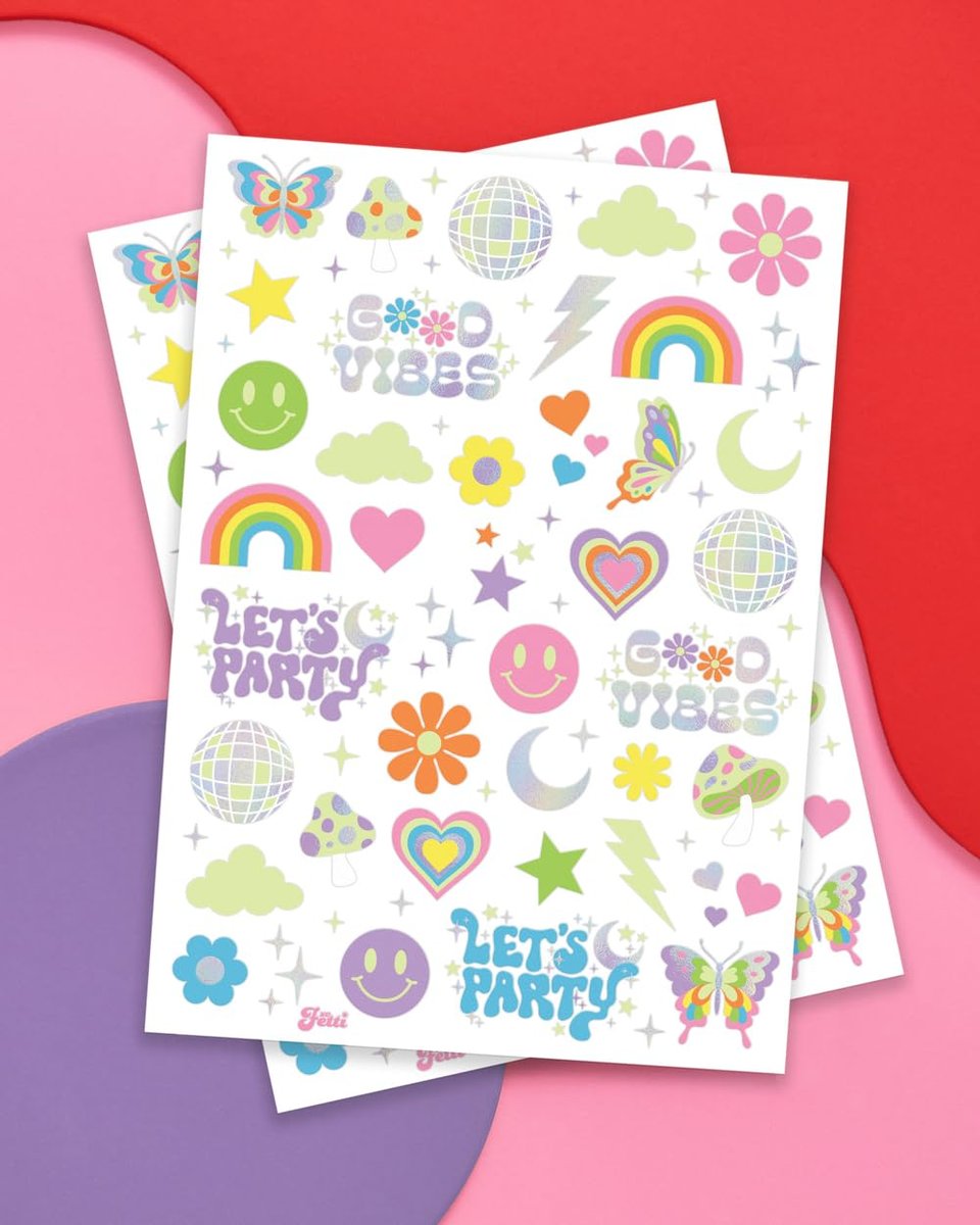 xo, Fetti Groovy Disco Glow in Dark + Foil Temporary Tattoos - 82 pc | Flower Power Birthday Party Supplies, Rave Bachelorette Party Favors, Smiley Decorations, Y2K, Rainbow Arts and Crafts - görsel 4