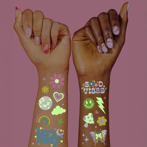 xo, Fetti Groovy Disco Glow in Dark + Foil Temporary Tattoos - 82 pc | Flower Power Birthday Party Supplies, Rave Bachelorette Party Favors, Smiley Decorations, Y2K, Rainbow Arts and Crafts - görsel 1
