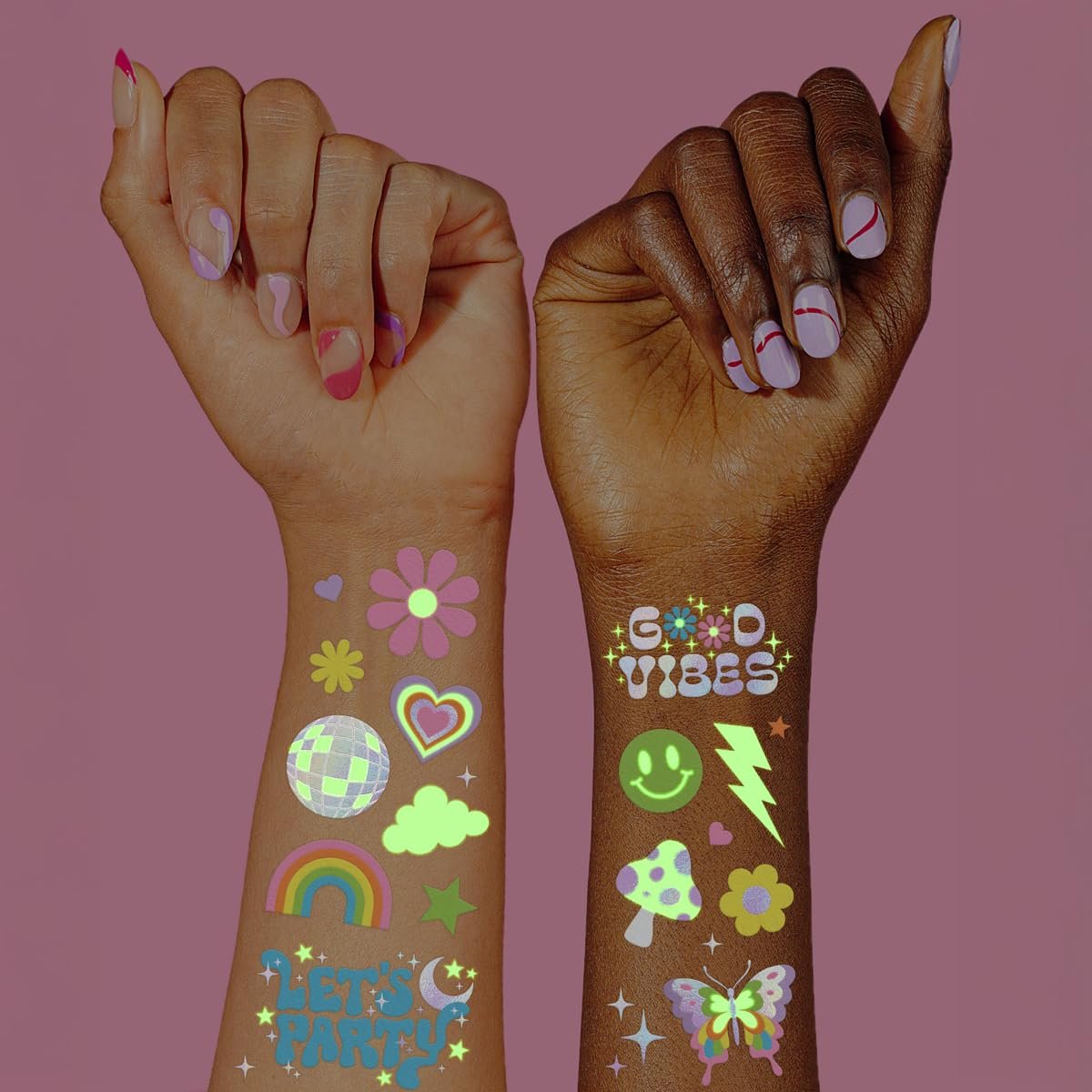xo, Fetti Groovy Disco Glow in Dark + Foil Temporary Tattoos - 82 pc | Flower Power Birthday Party Supplies, Rave Bachelorette Party Favors, Smiley Decorations, Y2K, Rainbow Arts and Crafts - görsel 2