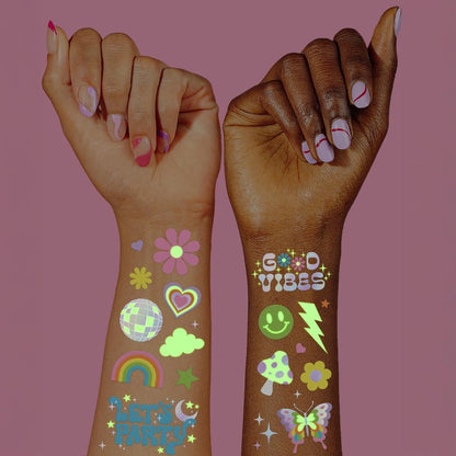 xo, Fetti Groovy Disco Glow in Dark + Foil Temporary Tattoos - 82 pc | Flower Power Birthday Party Supplies, Rave Bachelorette Party Favors, Smiley Decorations, Y2K, Rainbow Arts and Crafts